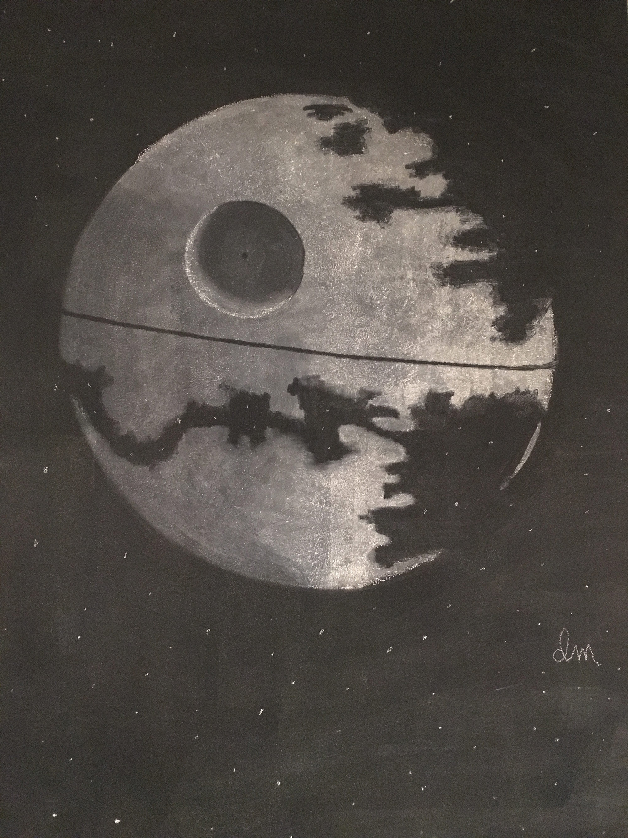A large-scale chalk drawing of the Death Star under construction
